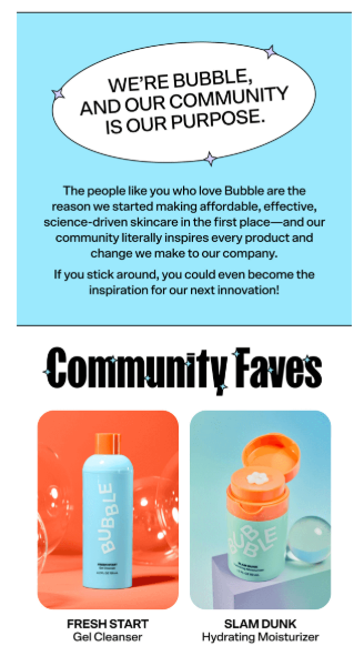 Bubble Skincare email continuation featuring most-loved products and brand values highlighting vegan and cruelty-free commitment